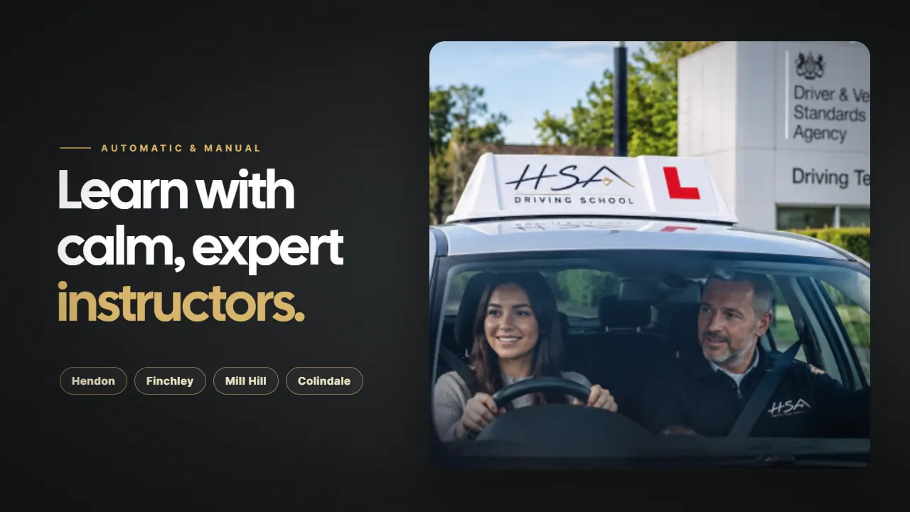 HSA Driving School car with a learner and instructor outside a driving test centre