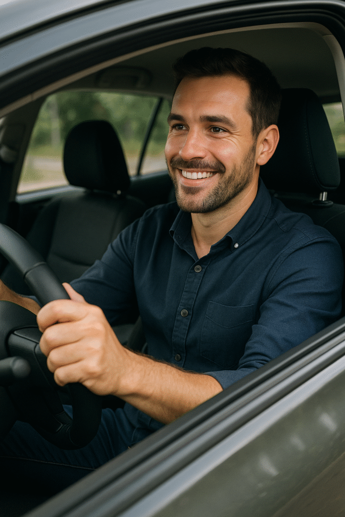 book driving lessons and feel happy behind the wheel after getting his licence