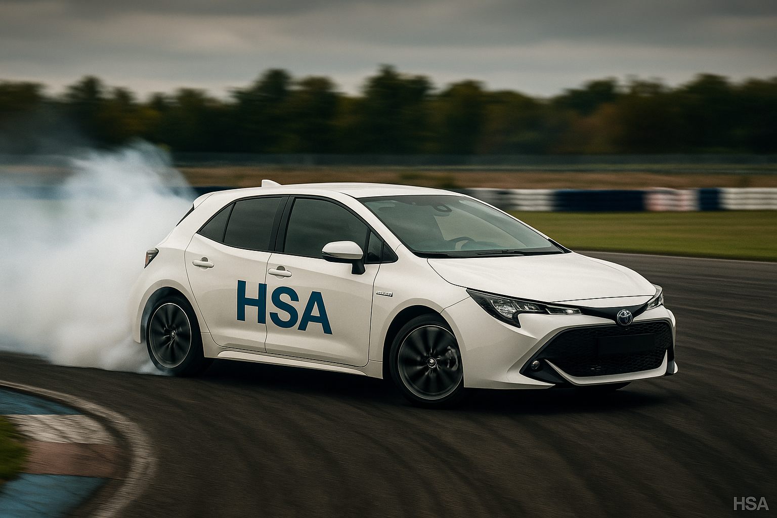 "Toyota Corolla Hybrid with HSA branding parked on a track – book driving lesson in London with HSA Driving School"