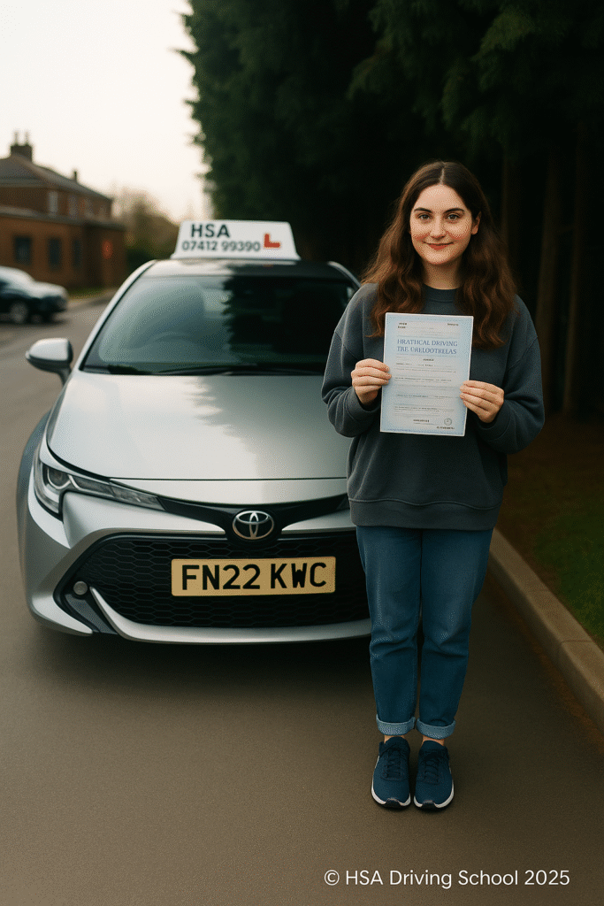 Driving Lesson Reviews – learner proudly holding pass certificate with HSA Driving School car in London