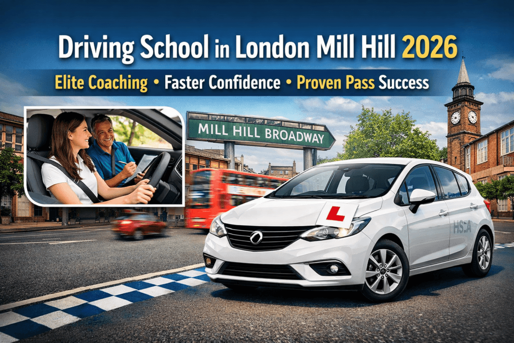 Driving school in London Mill Hill learner driver with instructor during structured manual lesson in North London
