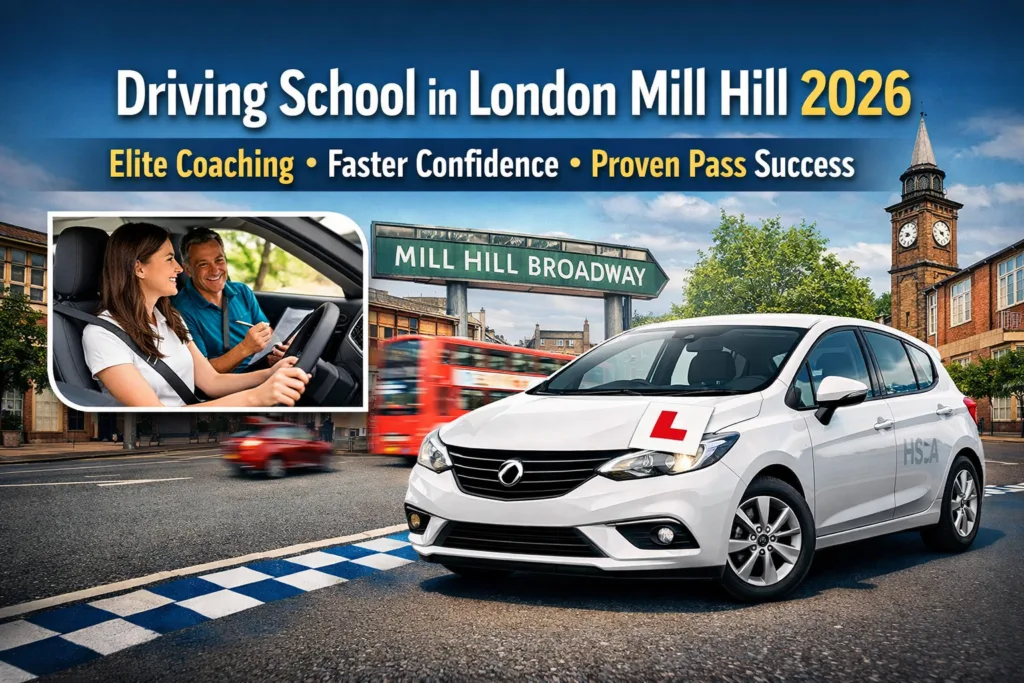 Driving school in London Mill Hill learner driver with instructor during structured manual lesson in North London